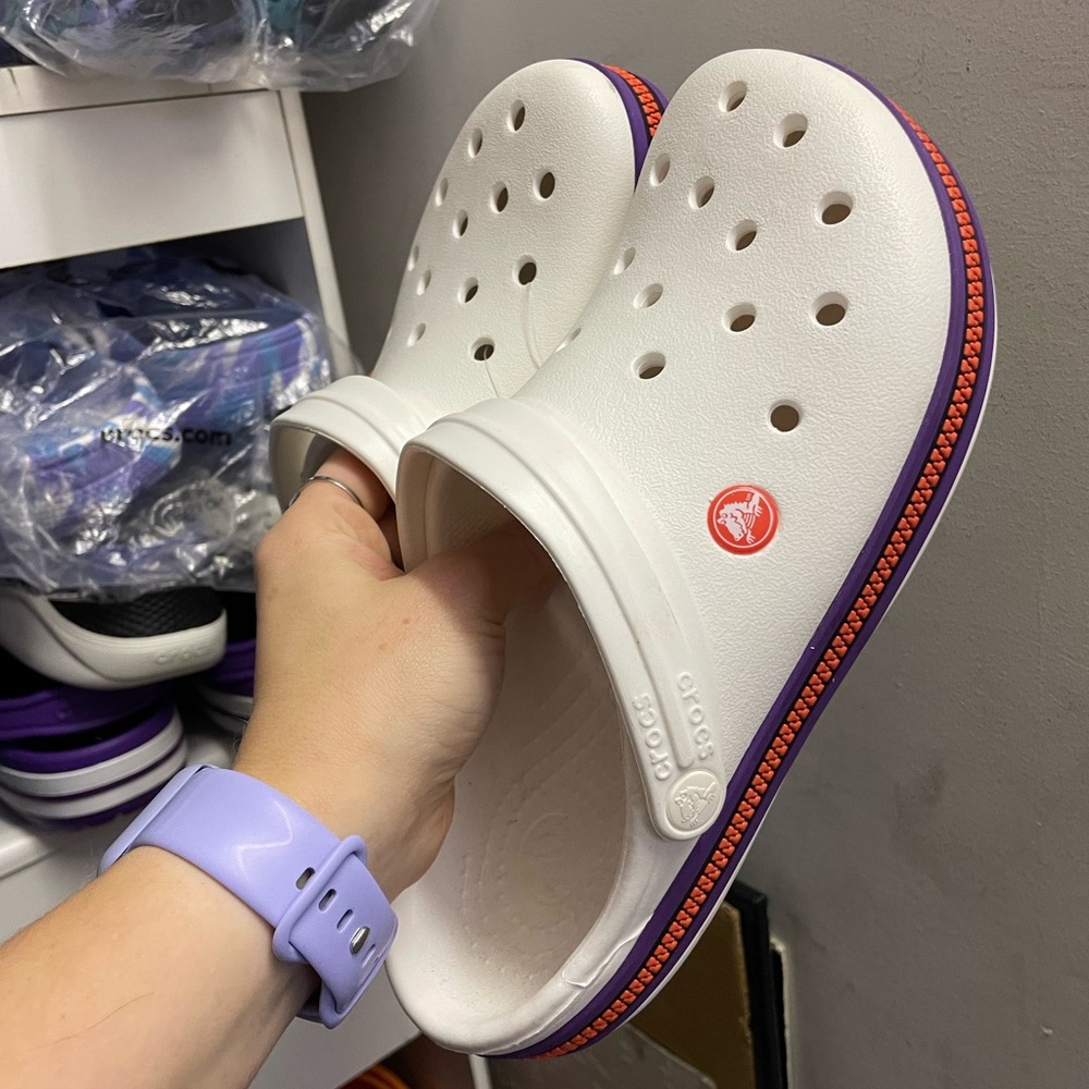 Purple/ orange zipper crocs m8 w10
